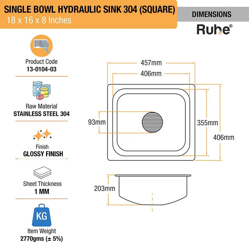 Single Bowl Kitchen Sink 304-Grade (18 x 16 x 8 Inches)