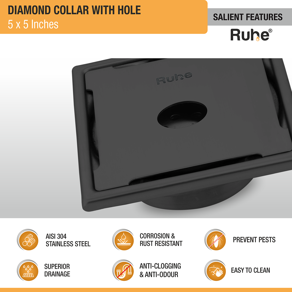 Diamond Square 304-Grade Floor Drain in Black PVD Coating (5 x 5 Inches) with Hole - by Ruhe®