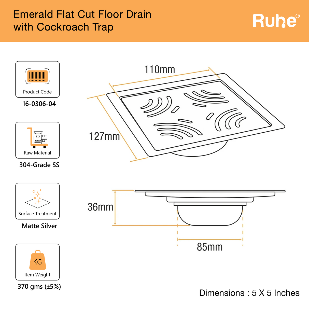 Emerald Square Flat Cut Floor Drain
