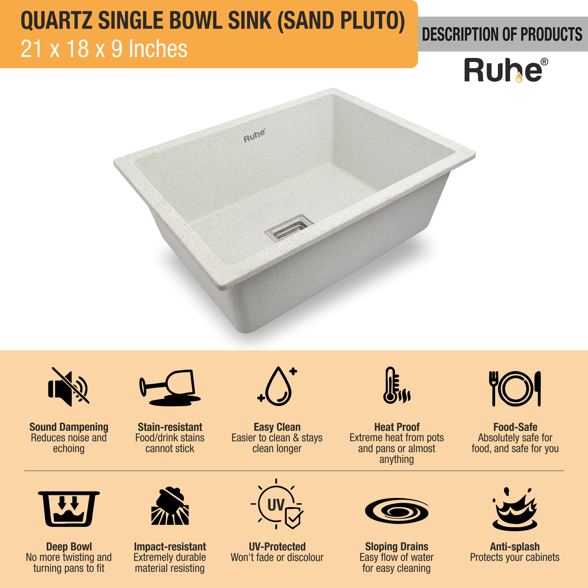 Quartz Single Bowl Kitchen Sink Coloured (21 x 18 x 9 Inches)