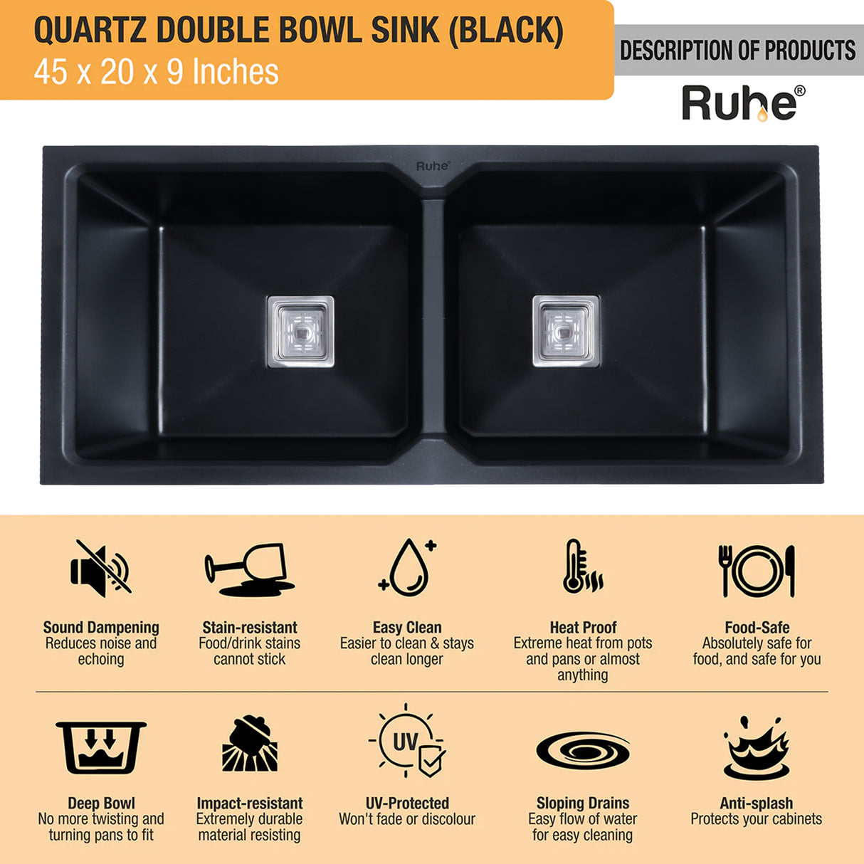 Quartz Double Bowl Kitchen Sink - Matte Black (45 x 20 x 9 inches) - by Ruhe®