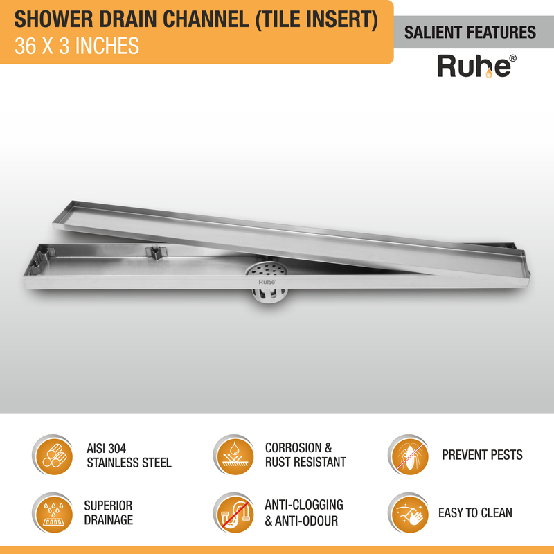 Tile-Insert Shower Drain Channel (3 Inches)