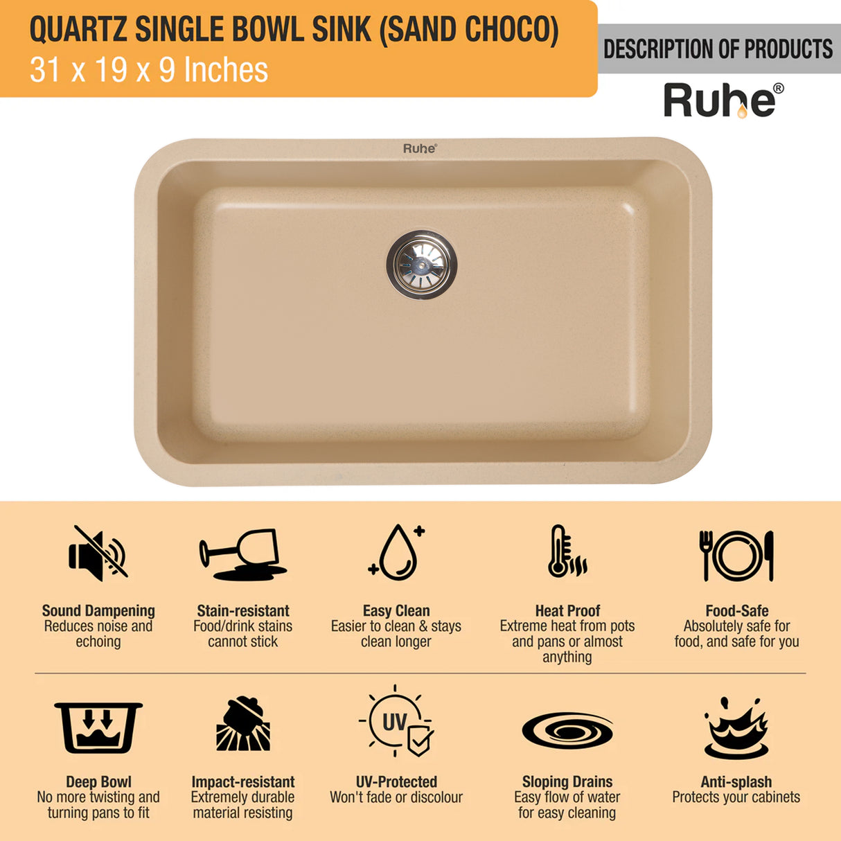 Quartz Single Bowl Kitchen Sink - Sand Choco (31 x 19 x 9 inches) - by Ruhe®