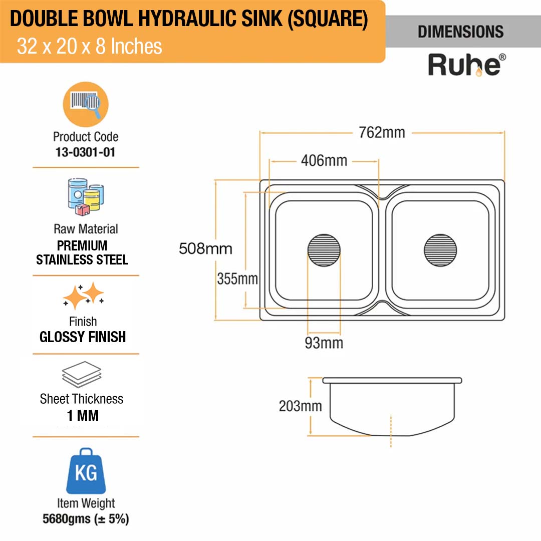 Square Double Bowl (32 x 20 x 8 inches) Kitchen Sink - by Ruhe