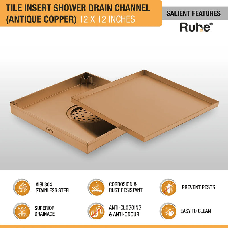 Tile Insert Shower Drain Channel (12 x 12 Inches) Antique Copper PVD Coated - by Ruhe