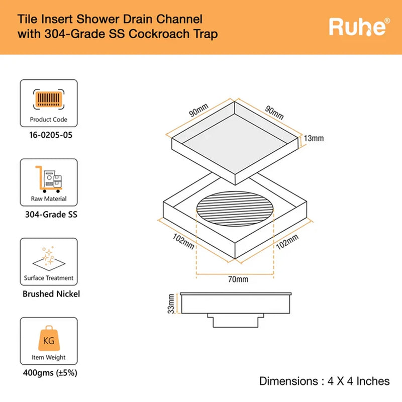 Tile-Insert Shower Drain Channel (4 x 4 Inches)