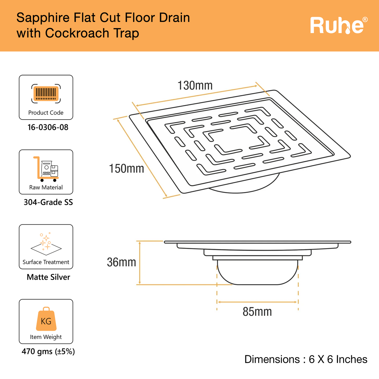 Sapphire Square Flat Cut Floor Drain