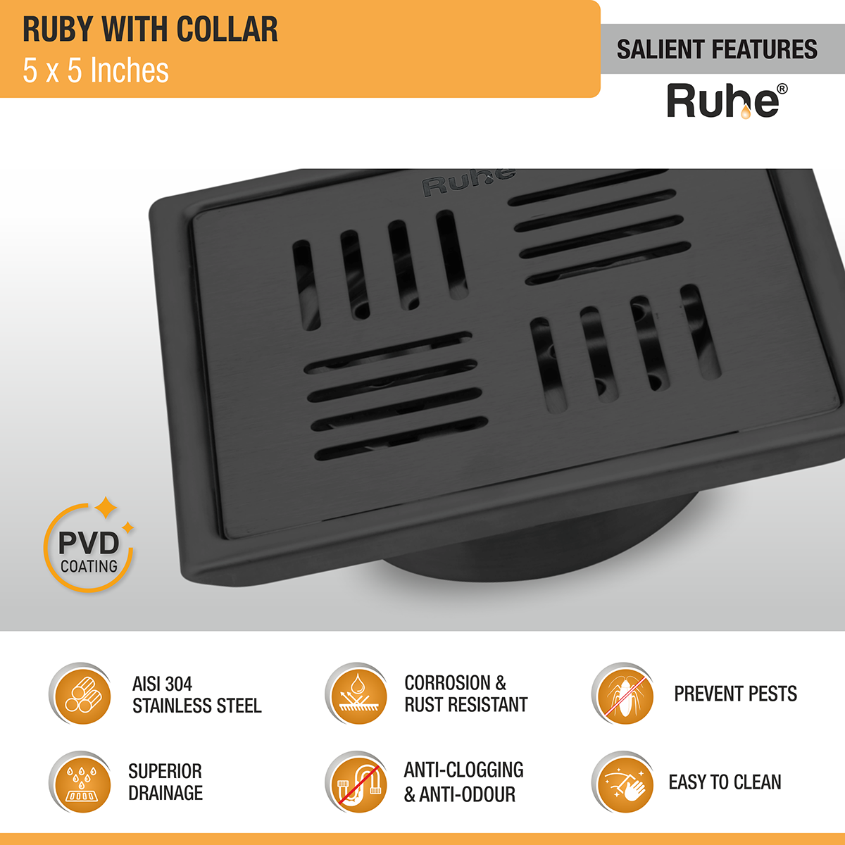 Ruby Square 304-Grade Floor Drain in Black PVD Coating (5 x 5 Inches) features and benefits