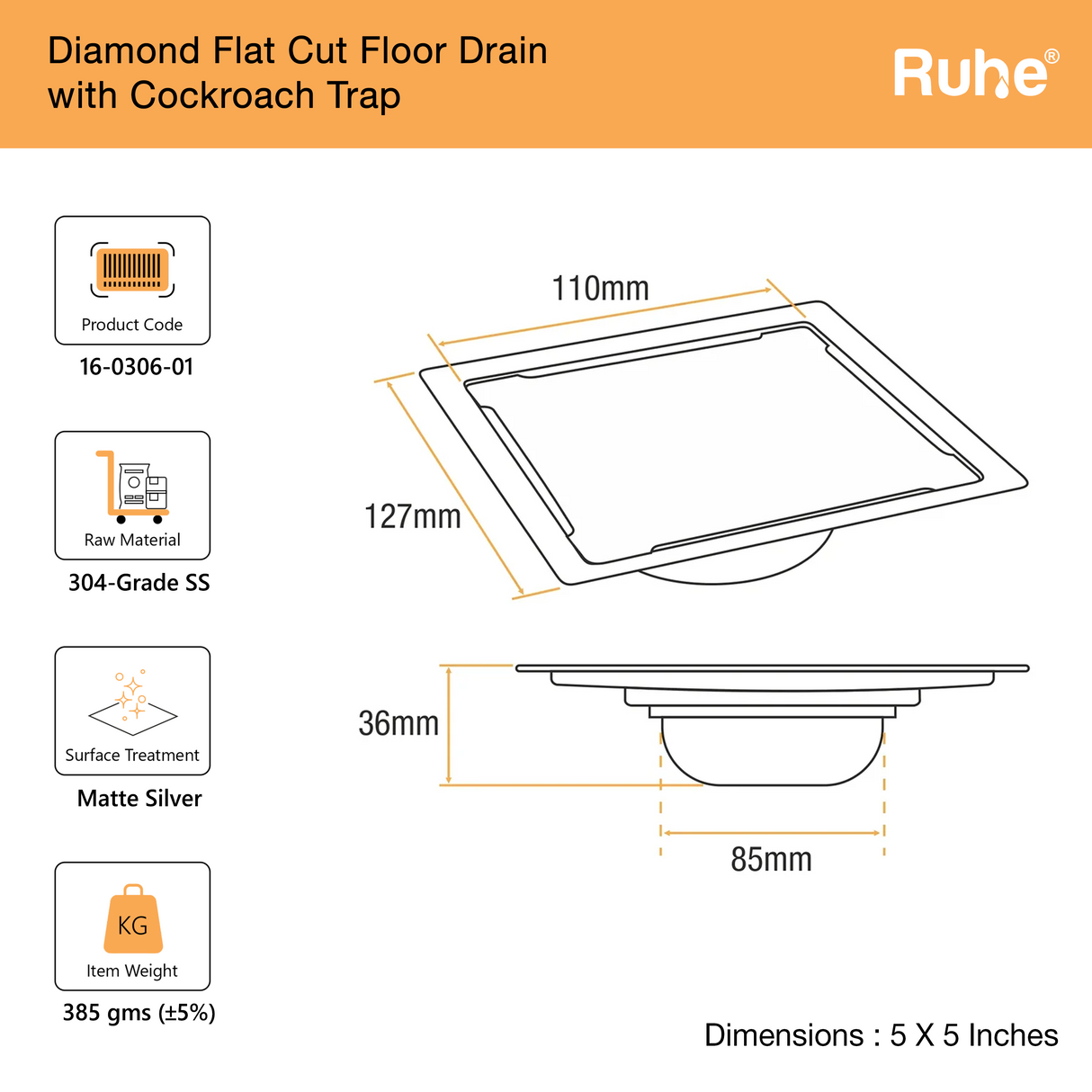 Diamond Square Flat Cut Floor Drain