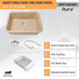 Sand Choco Quartz Single Bowl Kitchen Sink  (24 x 18 x 9 inches) - by Ruhe