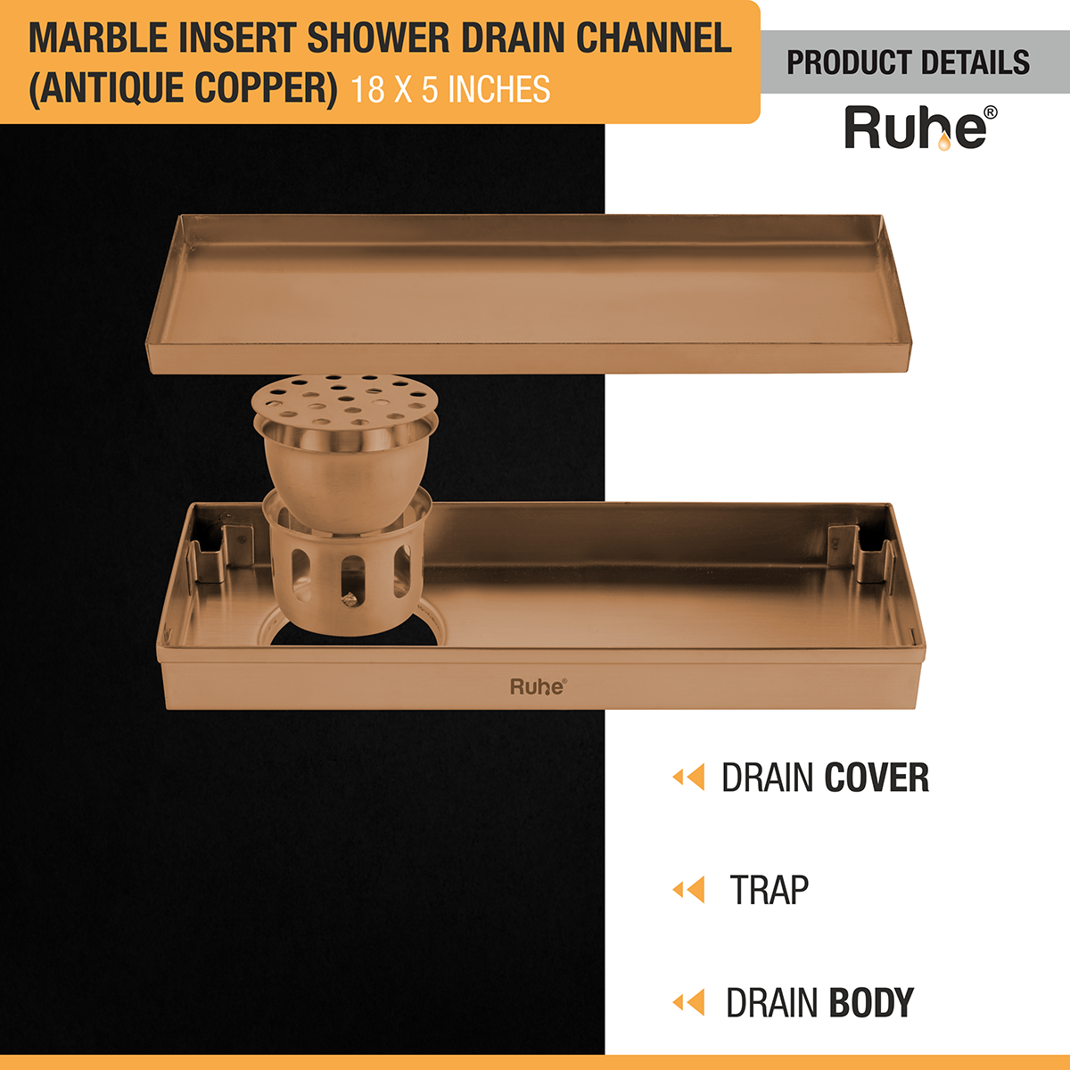 Marble Insert Shower Drain Channel (18 x 5 Inches) ROSE GOLD PVD Coated with drain cover, trap, and drain body