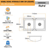 Square Double Bowl 304-Grade (45 x 20 x 9 Inches) Kitchen Sink - by Ruhe