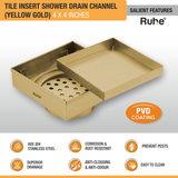 Tile Insert Shower Drain Channel (4 x 4 Inches) YELLOW GOLD PVD Coated - by Ruhe®