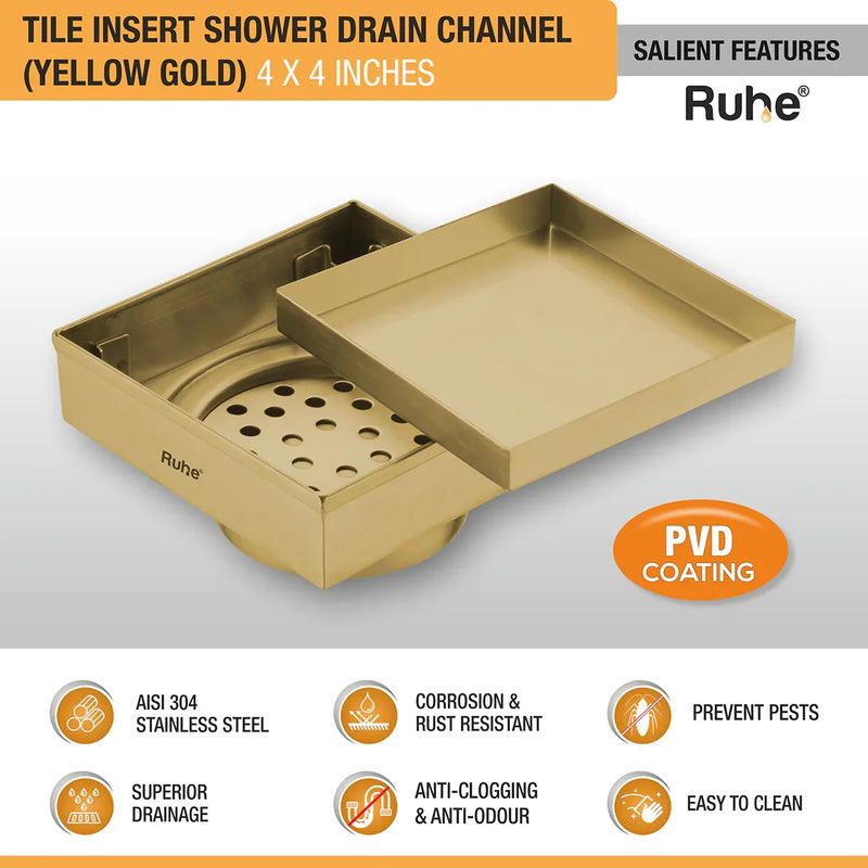 Tile Insert Shower Drain Channel (4 x 4 Inches) YELLOW GOLD PVD Coated - by Ruhe