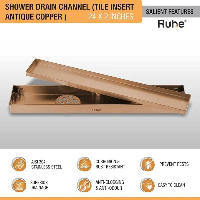 Tile Insert Shower Drain Channel (24 x 2 Inches) Antique Copper PVD Coated