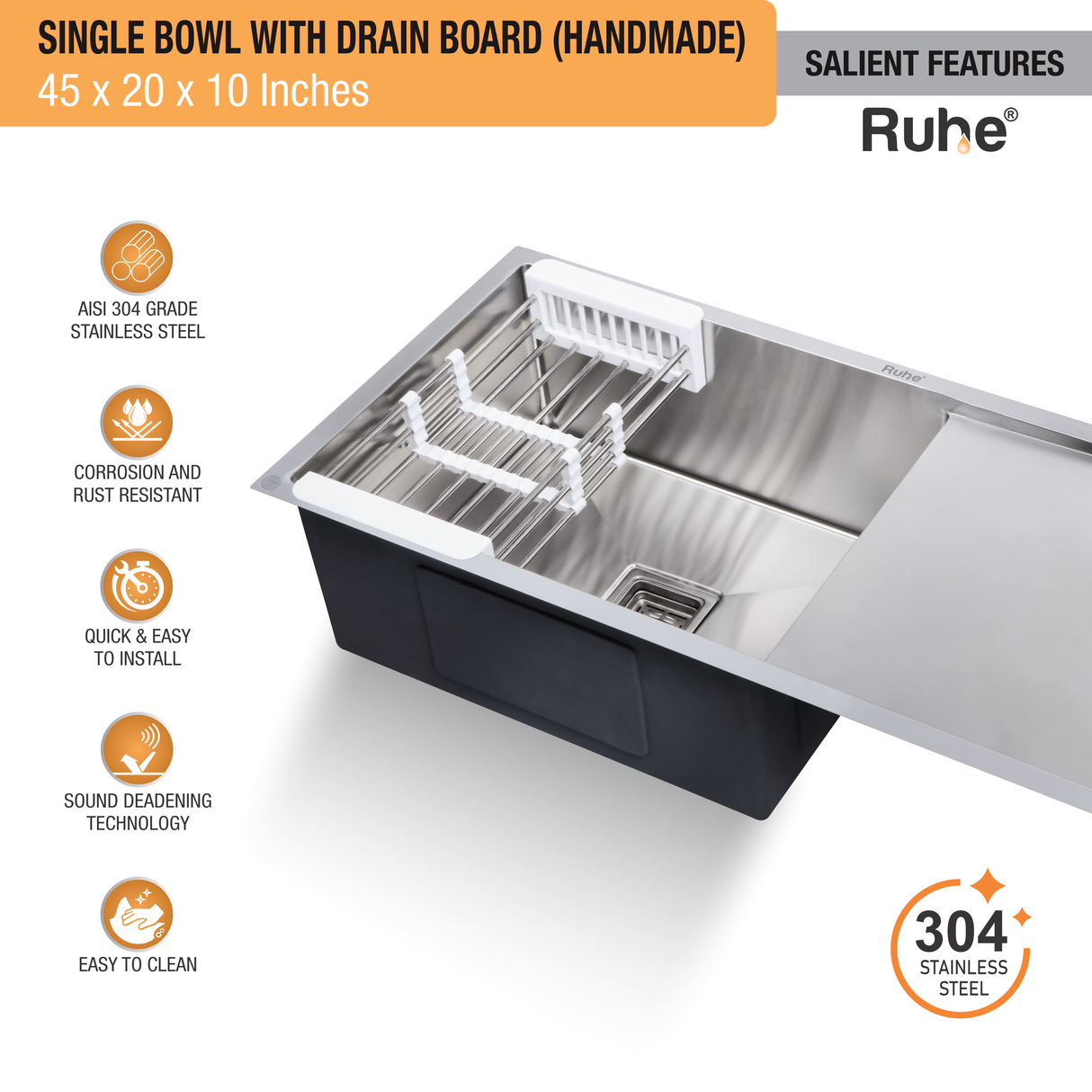 Handmade Single Bowl with Drainboard 304-Grade (45 x 20 x 10 Inches) Kitchen Sink - by Ruhe®