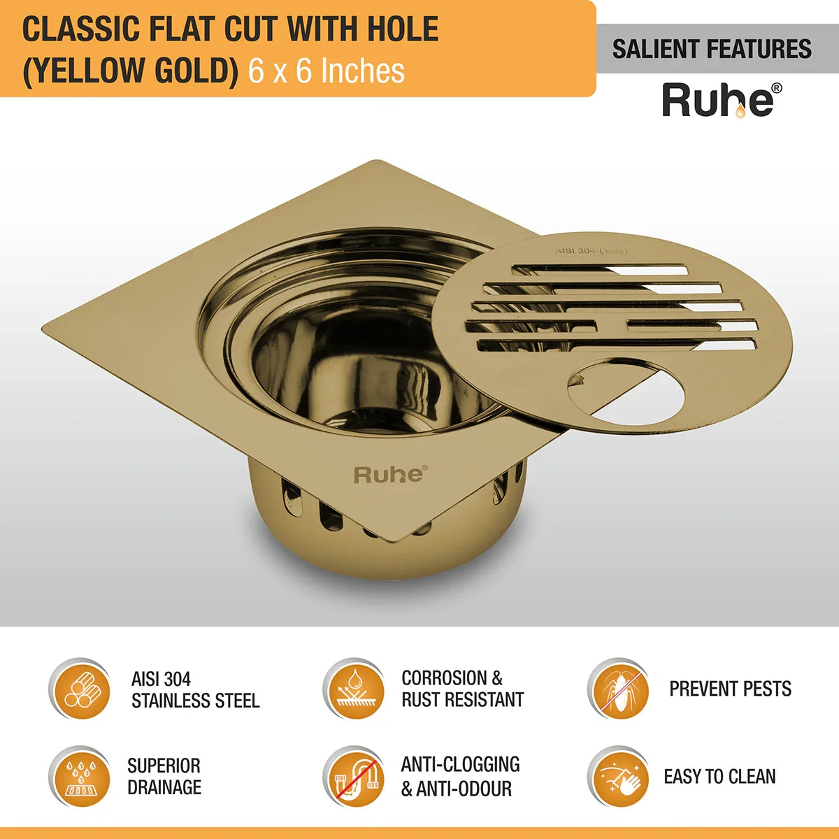 Classic Square Flat Cut Floor Drain in Yellow Gold PVD Coating (6 x 6 Inches) with Hole - by Ruhe