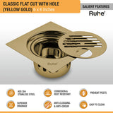 Classic Square Flat Cut Floor Drain in Yellow Gold PVD Coating (6 x 6 Inches) with Hole features and benefits