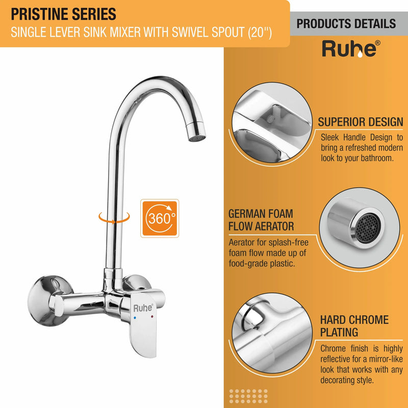 Pristine Single Lever Wall-mount Kitchen Sink Mixer Tap with Swivel Spout
