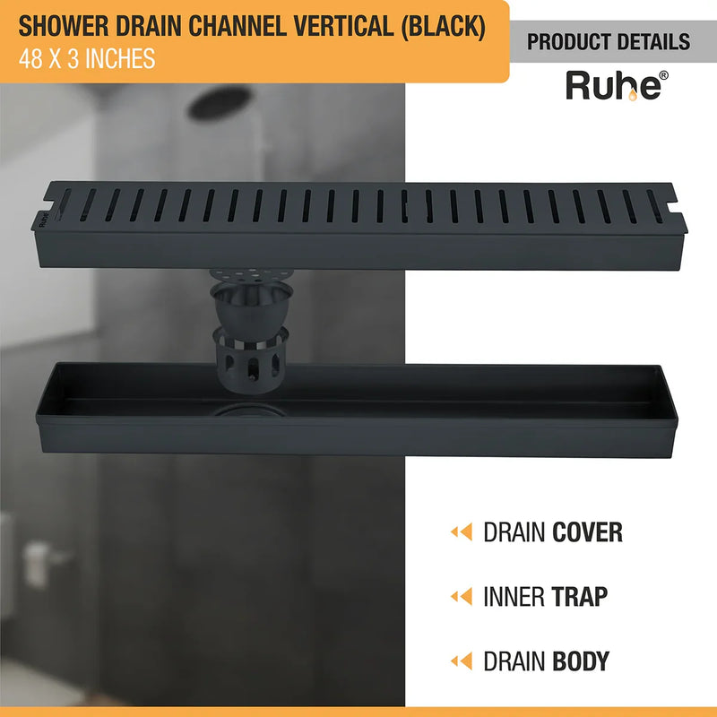 Vertical Shower Drain Channel (48 x 3 Inches) Black PVD Coated - by Ruhe
