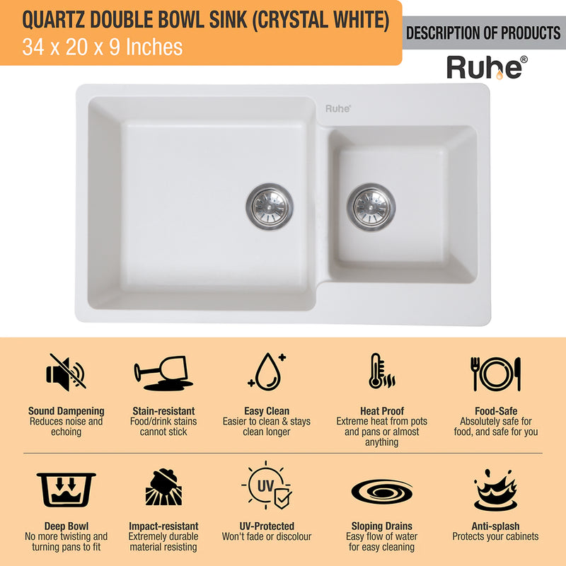 Quartz Double Bowl Kitchen Sink (34 x 20 x 9 inches)