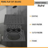 Pearl Square Flat Cut Floor Drain in Black PVD Coating (6 x 6 Inches) - by Ruhe