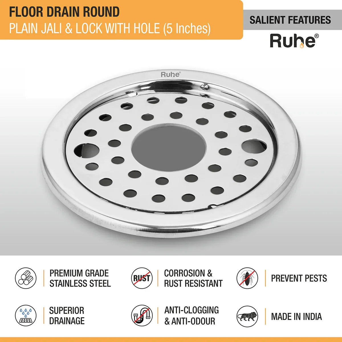 Plain Round Jali Floor Drain with Lock (5 Inches)