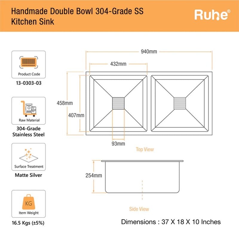 Handmade Double Bowl Kitchen Sink (37 x 18 x 10 Inches)