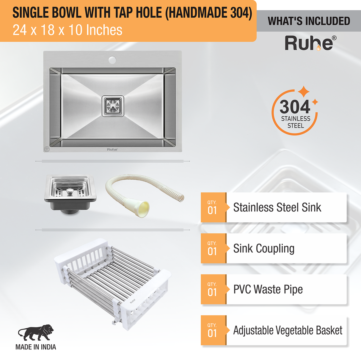 Handmade Single Bowl 304-Grade Kitchen Sink  with Tap Hole (24 x 18 x 10 Inches) - by Ruhe