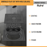 Emerald Square Flat Cut Floor Drain in Black PVD Coating (6 x 6 Inches) with Hole - by Ruhe