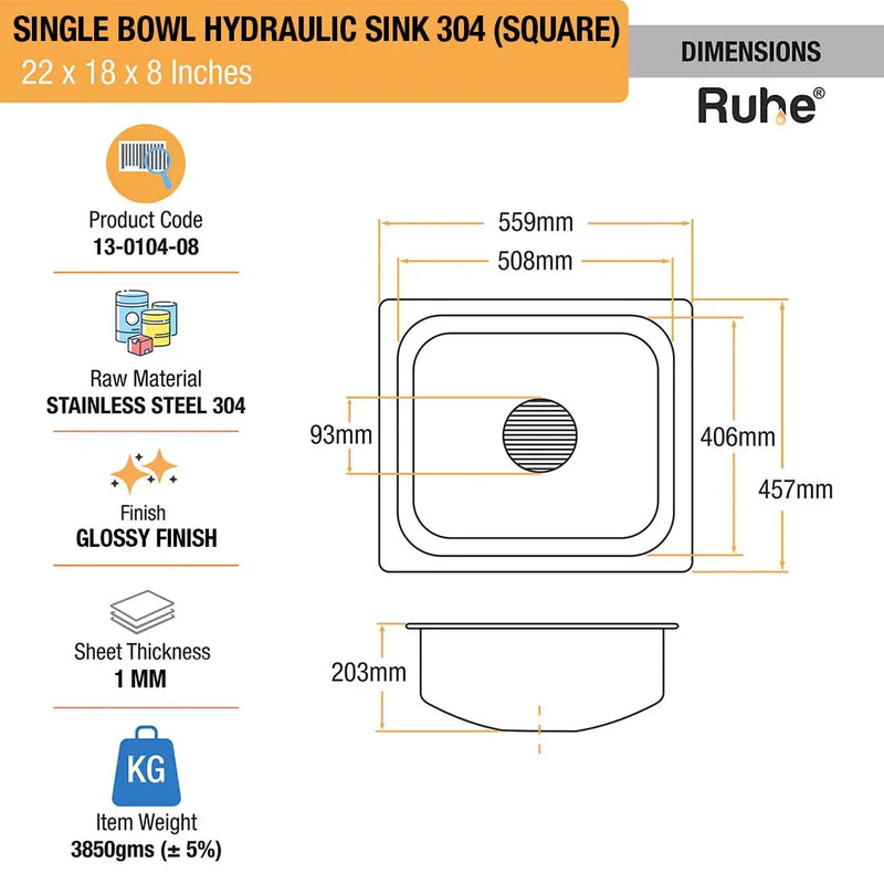 Single Bowl Kitchen Sink 304-Grade (22 x 18 x 8 Inches)