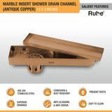 Marble Insert Shower Drain Channel (12 x 3 Inches) ROSE GOLD PVD Coated features and benefits