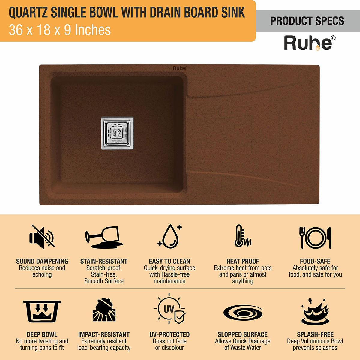 Quartz Single Bowl Choco Brown Kitchen Sink with Drainboard (36 x 18 x 9 inches) features and benefits