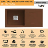 Quartz Single Bowl Choco Brown Kitchen Sink with Drainboard (36 x 18 x 9 inches) features and benefits