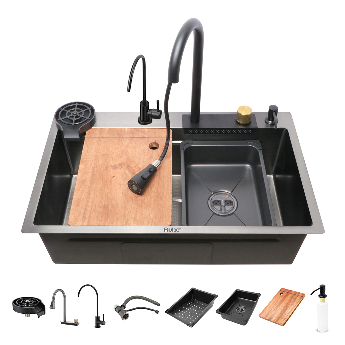  Handmade Premium Nano Kitchen Sink with Integrated Waterfall, Pull-Out & RO Faucet (30 x 18 x 9 Inches) 9