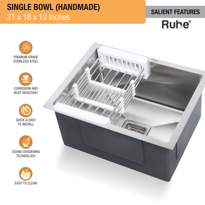 Handmade Single Bowl Kitchen Sink (21 x 18 x 10 Inches)