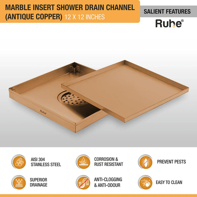 Marble Insert Shower Drain Channel (12 x 12 Inches) Antique Copper PVD Coated - by Ruhe