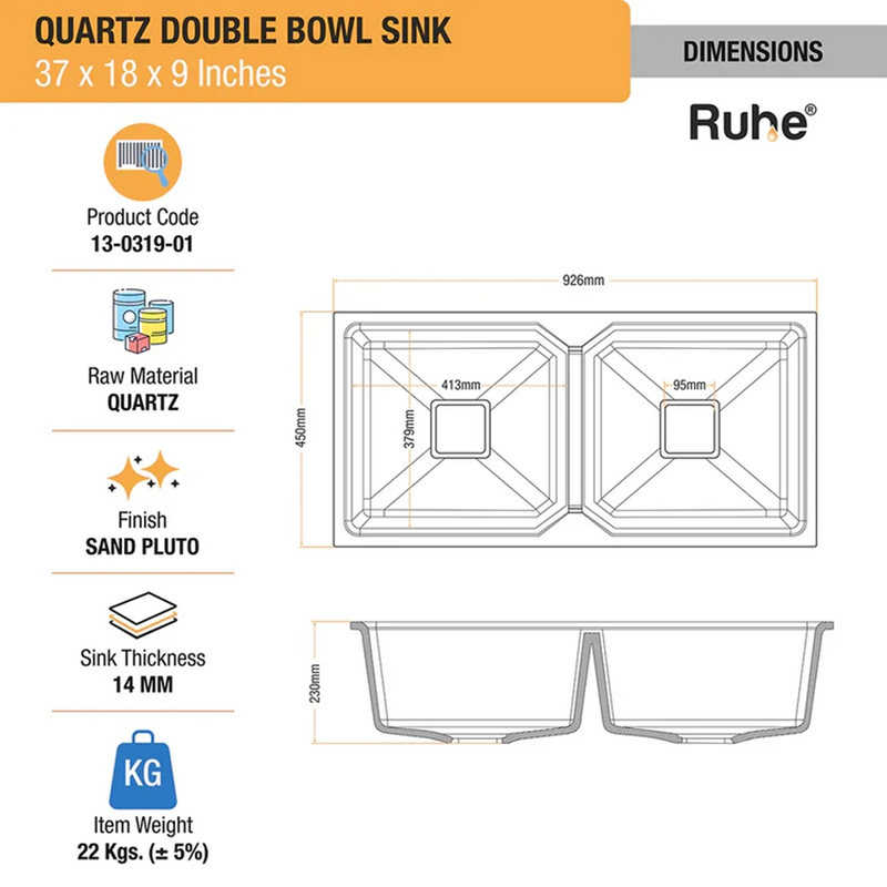 Quartz Double Bowl Kitchen Sink (37 x 18 x 9 Inches)
