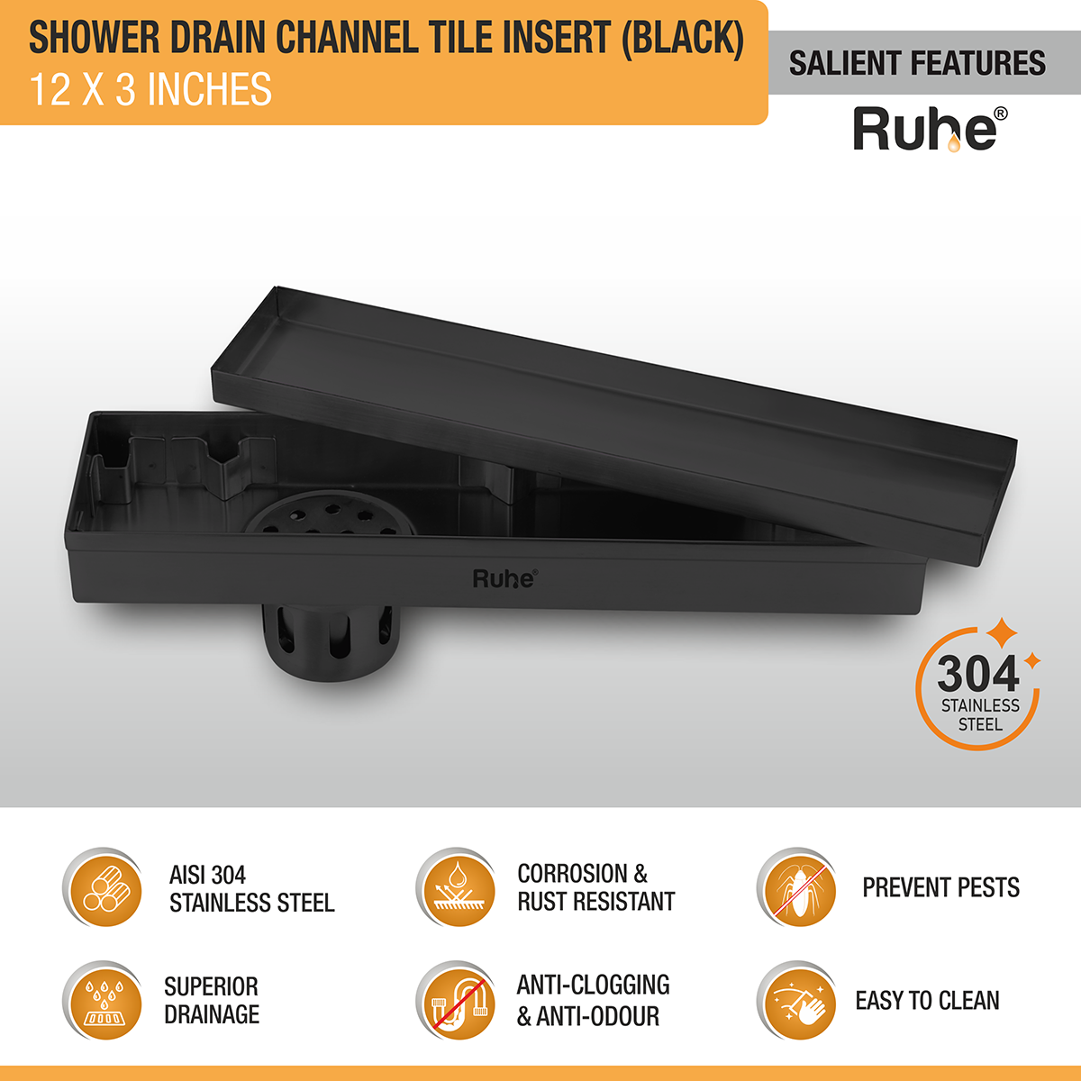 Tile Insert Shower Drain Channel (12 x 3 Inches) Black PVD Coated - by Ruhe®