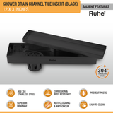 Tile Insert Shower Drain Channel (12 x 3 Inches) Black PVD Coated - by Ruhe®