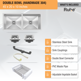 Handmade Double Bowl 304-Grade Kitchen Sink  (45 x 20 x 10 Inches) - by Ruhe