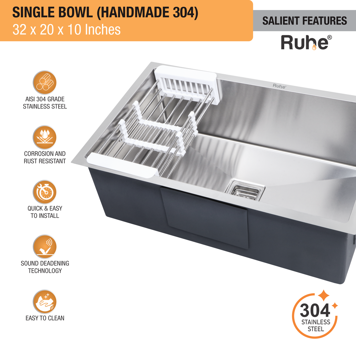 Handmade Single Bowl 304-Grade (32 x 20 x 10 Inches) Kitchen Sink - by Ruhe