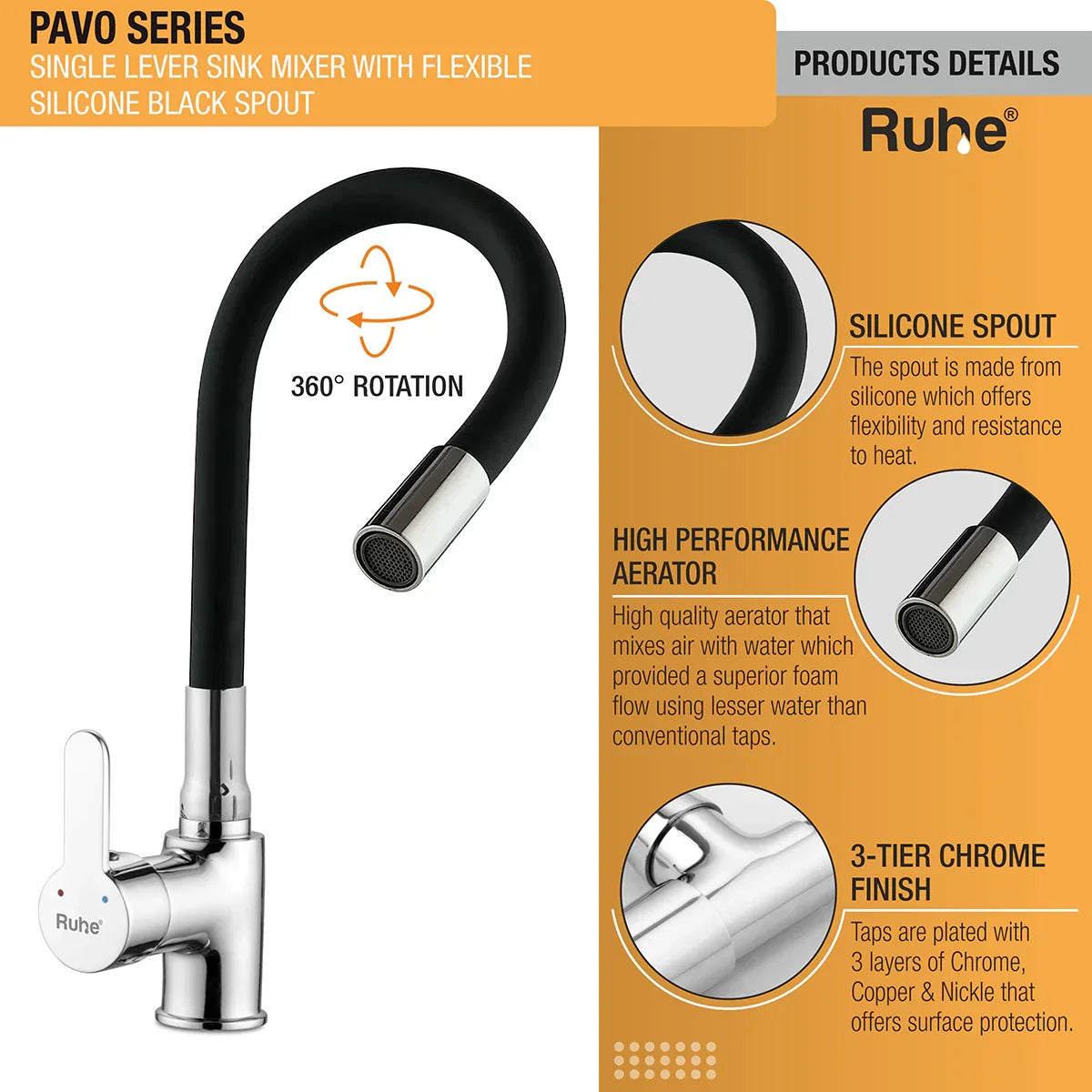 Pavo Single Lever Deck-mount Kitchen Sink Mixer Tap with Coloured Flexible Silicone Spout