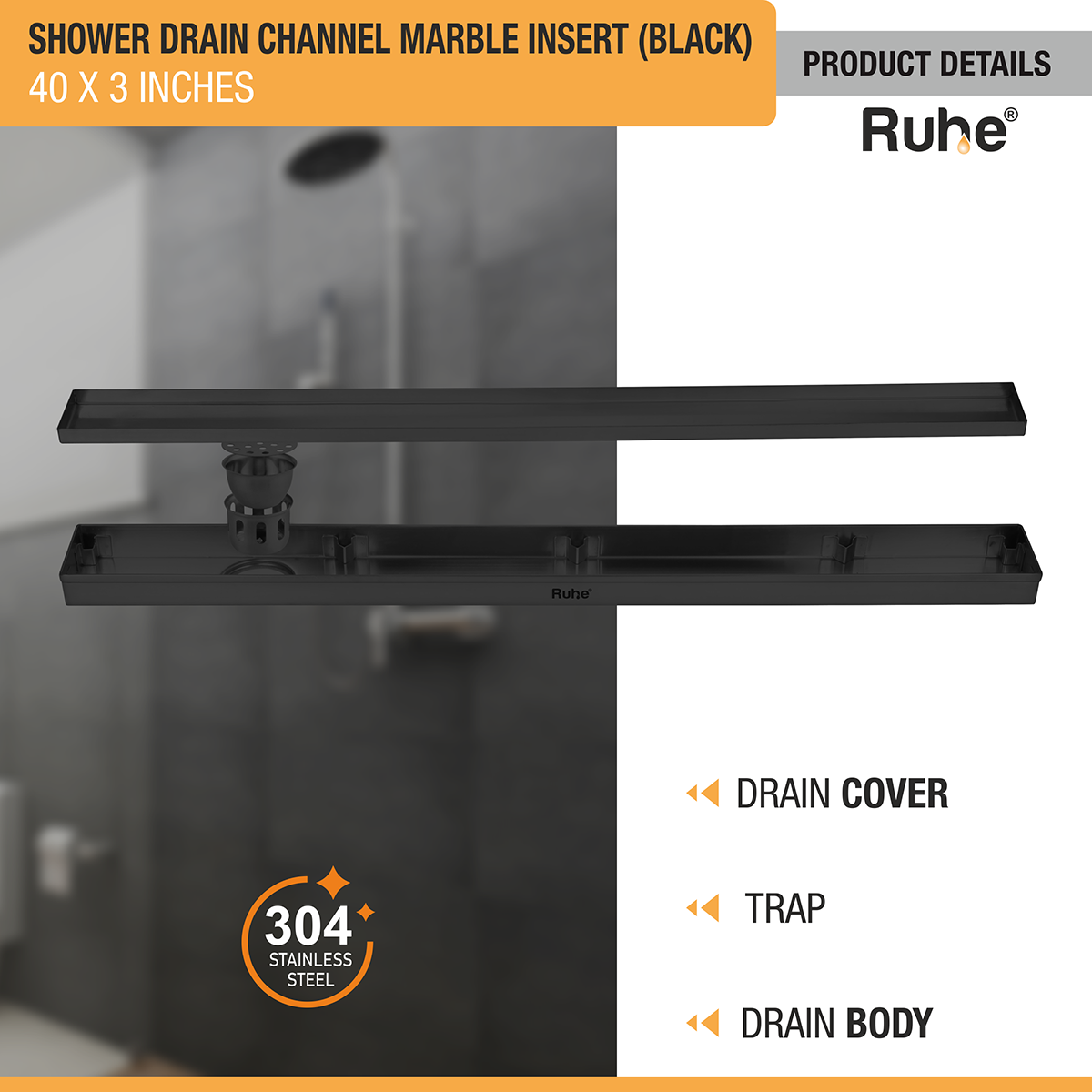 Marble Insert Shower Drain Channel (40 x 3 Inches) Black PVD Coated - by Ruhe®