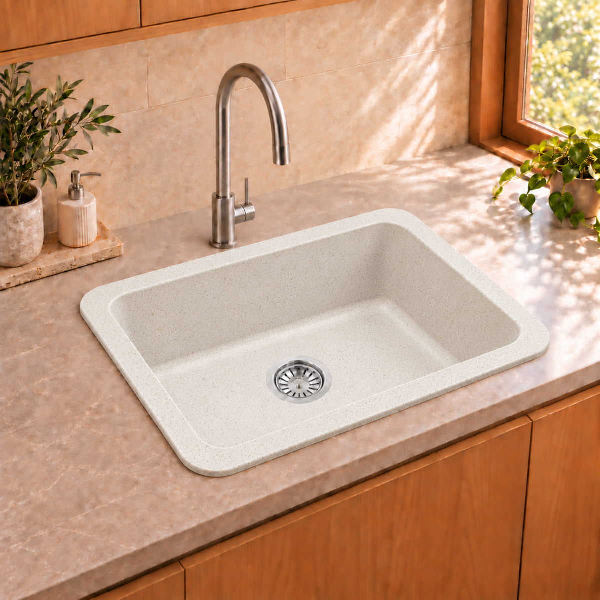 Quartz Single Bowl Grey Stone Round Kitchen Sink (24 x 18 x 9 Inches)