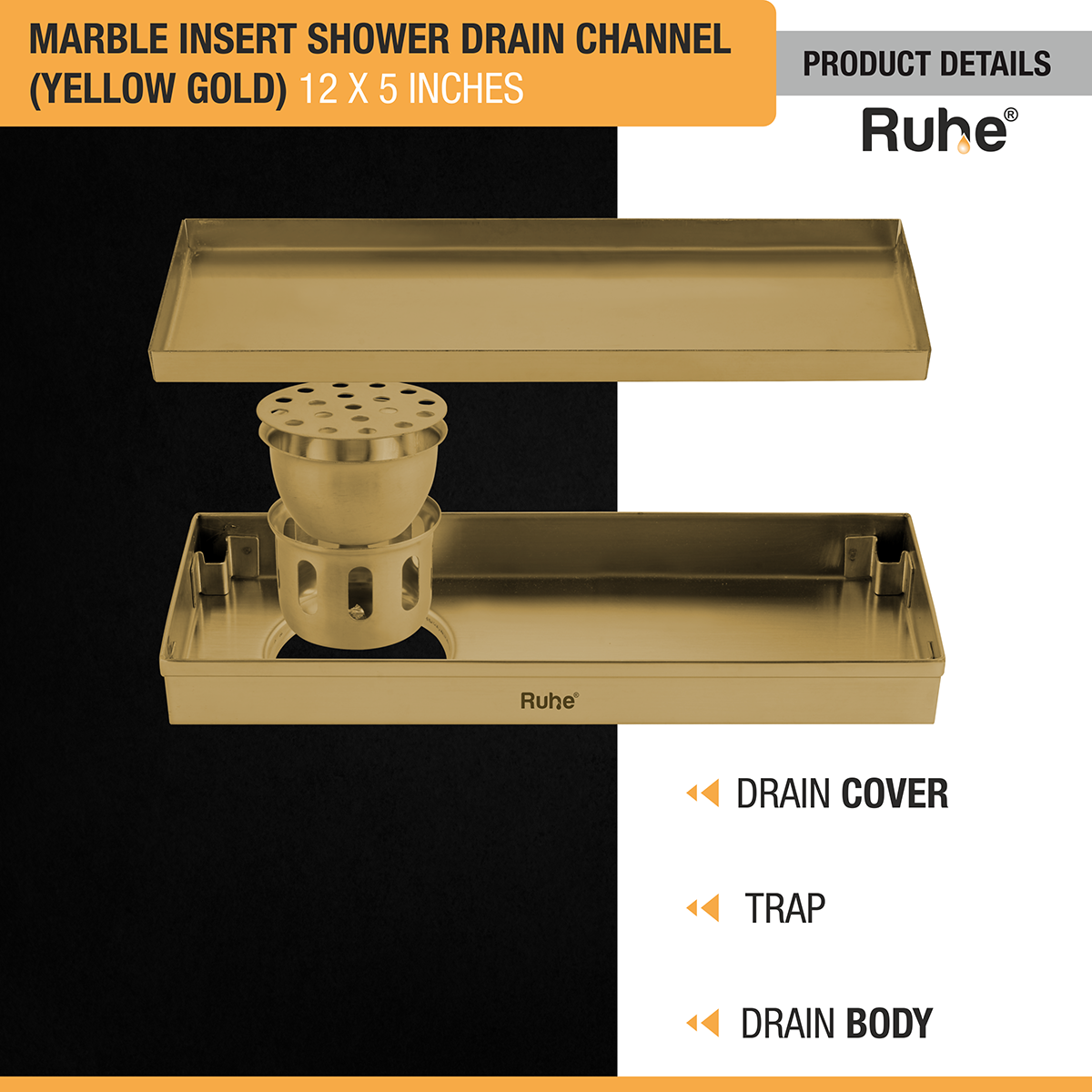Marble Insert Shower Drain Channel (12 x 5 Inches) YELLOW GOLD PVD Coated with drain cover, trap, and drain body