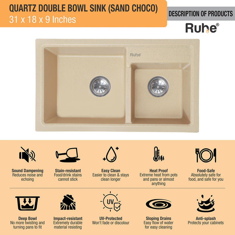 Quartz Double Bowl Kitchen Sink (31 x 18 x 9 Inches)
