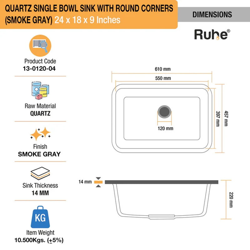 Quartz Single Bowl Round Kitchen Sink (24 x 18 x 9 Inches)