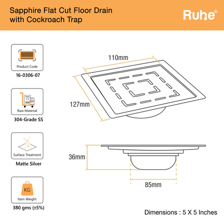 Sapphire Square Flat Cut Floor Drain