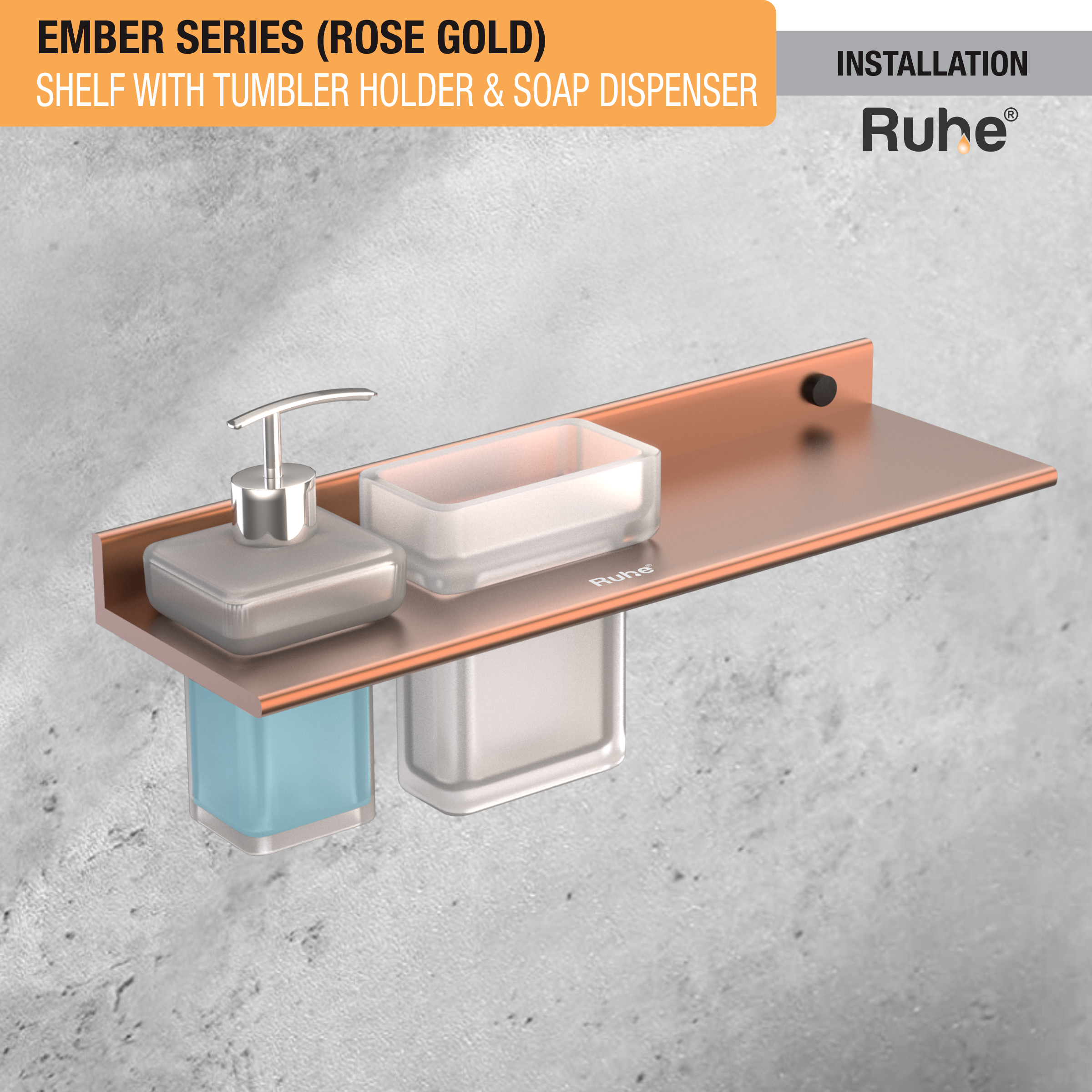 Ember Rose Gold Shelf with Tumbler Holder & Soap Dispenser (Space Aluminium) installation